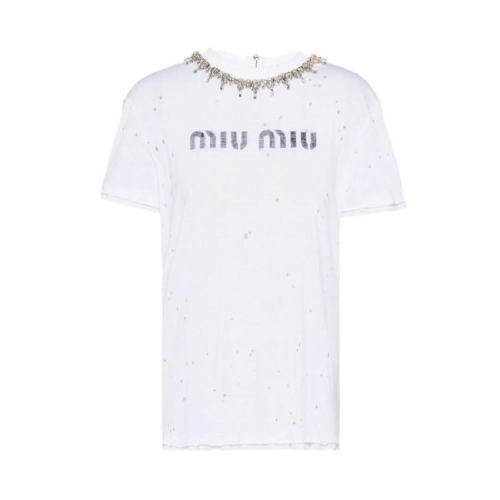  Miu Miu/繆繆 女士白色棉質短袖T恤 MJN334 1Z5B F0009 PLFSX