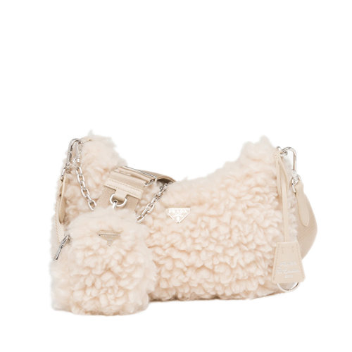 PRADA/普拉達(dá) Re-Edition 2005系列 女士淡紅色羊毛材質(zhì)琺瑯金屬標(biāo)志手提單肩包1BH204_2FLI_F0018_V_BOO