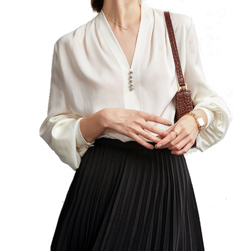 GeleiStory/GeleiStory  夏季新款桑蠶絲襯衫法式優(yōu)雅修身真絲上衣女士長袖襯衫