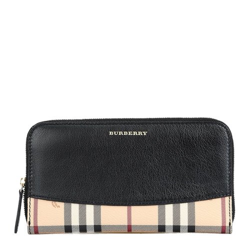 BURBERRY/博柏利 女士黑色拼色經(jīng)典格紋牛皮長(zhǎng)拉鏈錢(qián)包錢(qián)夾手拿包 3934389