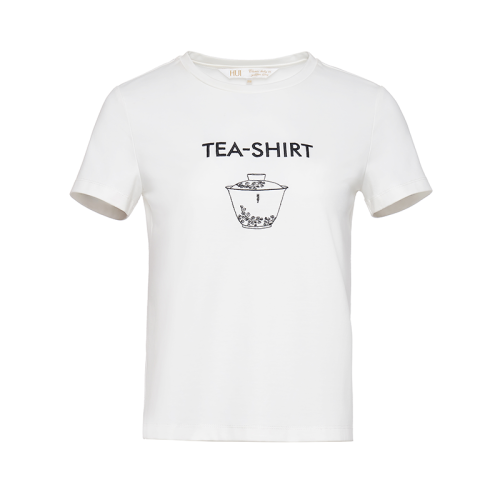 HUI/卉 女士短袖T恤20秋季新品茶白色針織衫圓領刺繡設計上衣