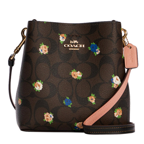COACH/蔻馳 女士棕黑多色拼色涂層帆布配皮經(jīng)典雙C字母徽標玫瑰印花按扣開合復古迷你單肩包斜挎包水桶包女包 C7270IMOSN