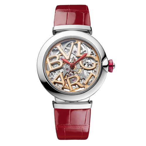 BVLGARI/寶格麗 不銹鋼表殼 鏤空表盤 飾有BVLGARI徽標(biāo)和紅色鱷魚皮表帶 LVCEA鏤空表帶機(jī)械機(jī)芯手表 33毫米102879