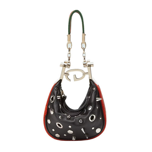 GUCCI/古馳 22新款 Attache系列 女士迷你黑色皮革鉚釘鏤空洞孔G型扣橙色/黑色織帶飾面拆卸條紋手柄斜挎手提包718512AAA5C1072