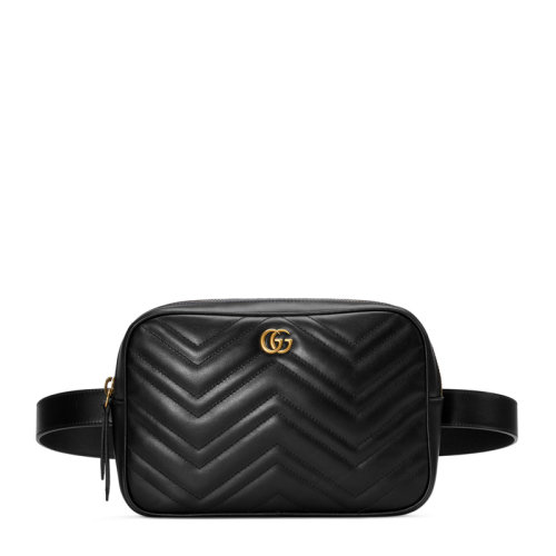 GUCCI/古馳 中性黑色皮革波浪紋GG徽標拉鏈開合大號胸包腰包手拿包 523380-DTDHT-1000