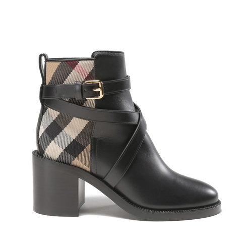 BURBERRY/博柏利【22秋冬新款】女款皮革/織物高跟靴子短靴黑色/典藏米色Vintage格紋80568181