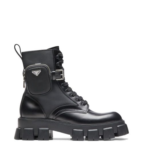 PRADA/普拉達(dá) 22年新款 Monolith系列 男士黑色亮面皮革和尼龍材質(zhì)飾可拆卸小袋軍旅風(fēng)短靴馬丁靴2UE007_3LFR_F0002_F_D002