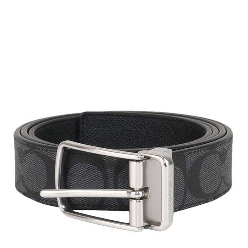 COACH/蔻馳 男士黑灰色PVC配皮經(jīng)典雙C字母徽標(biāo)印花裝飾針扣型皮帶腰帶 F321SVAF4