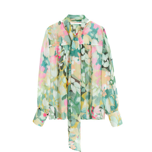 GeleiStory/GeleiStory2022秋季新款法式優(yōu)雅氣質(zhì)飄帶長(zhǎng)袖上衣圓領(lǐng)印花襯衫