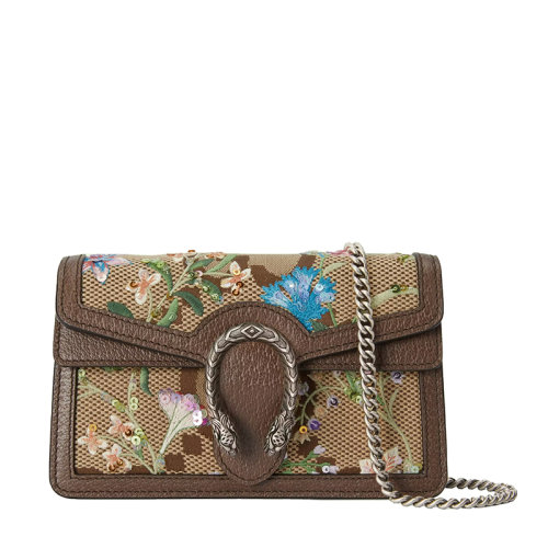 GUCCI/古馳 22新款Dionysus系列 女士超迷你棕色帆布配皮飾有帶亮片的花朵刺繡銀扣銀鏈單肩斜跨鏈條酒神包476432UKMMN2562