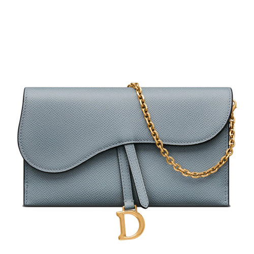 Dior/迪奧 22春夏新款 女士云藍色粒面小牛皮鏈式飾D吊墜多卡槽二合一鏈式馬鞍單肩錢包 S5614CBAA_M81B