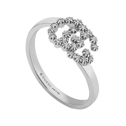 GUCCI/古馳 GG Running系列 經(jīng)典雙G鑲有鉆18k金白金戒指 481650J85689066