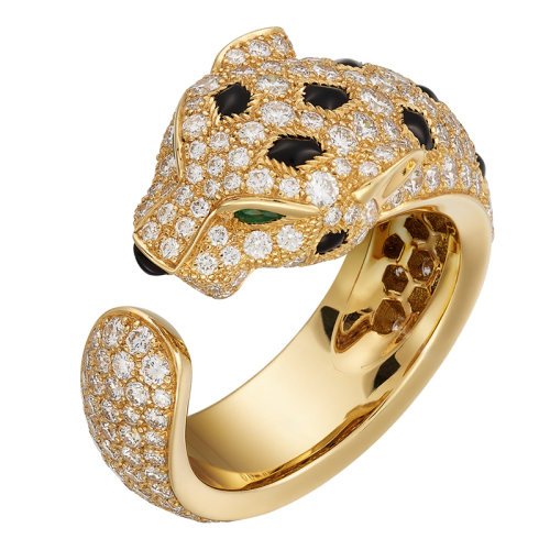 CARTIER/卡地亞  Panthère 系列 18K金黃金鉆石祖母綠瑪瑙戒指 鑲嵌2顆祖母綠和242顆明亮式切割鉆石N4767700