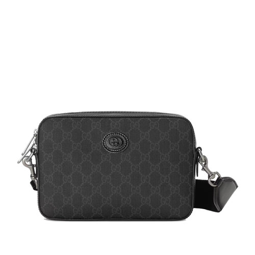 GUCCI/古馳 22春夏新款 男士黑色老花帆布同色系皮革滾邊橢圓形雙G裝飾拉鏈開合單肩斜挎手拿包70346892THF1000