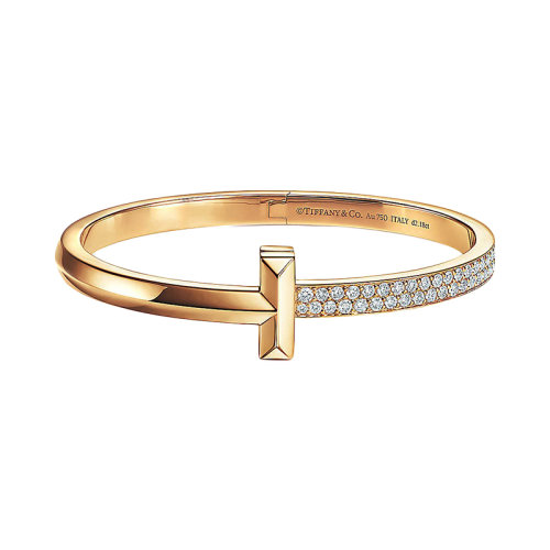Tiffany & Co./蒂芙尼 Tiffany T系列 18K金黃金鑲鉆寬鉸鏈T形手鐲 GRP11522