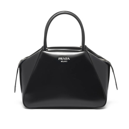 PRADA/普拉達(dá) 22新款 小號女士黑色皮革琺瑯金屬拉絨效果可斜挎手提包1BA366_ZO6_F0002_V_OOO