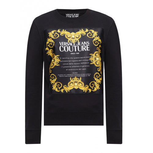 VERSACE JEANS/范思哲牛仔 女士黑色棉質(zhì)經(jīng)典字母徽標(biāo)印花裝飾圓領(lǐng)長袖上衣衛(wèi)衣套頭衫 B6HWA7FE-30453-899