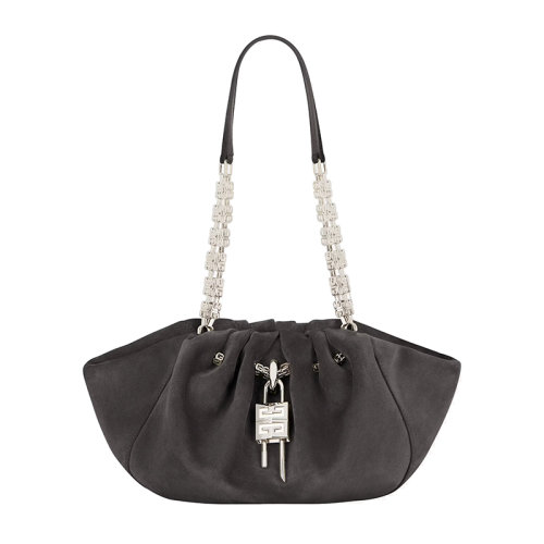 Givenchy/紀梵希 22新款 Kenny系列 女式小號黑色絨面革磁性封口拆卸掛鎖鏈條提手銀色飾面金屬單肩包BB50MJB1LE-098
