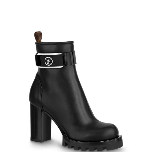 Louis Vuitton/路易威登 22年春夏新款 STAR TRAIL系列 女士黑色牛皮革L(fēng)V圓形搭扣高跟短靴1AA0O4