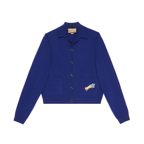 GUCCI/古馳 22年秋冬新款 Lovelight系列 男士藍(lán)色純羊毛流星G愛心貼飾針織開衫毛衣706917XKCKR4330