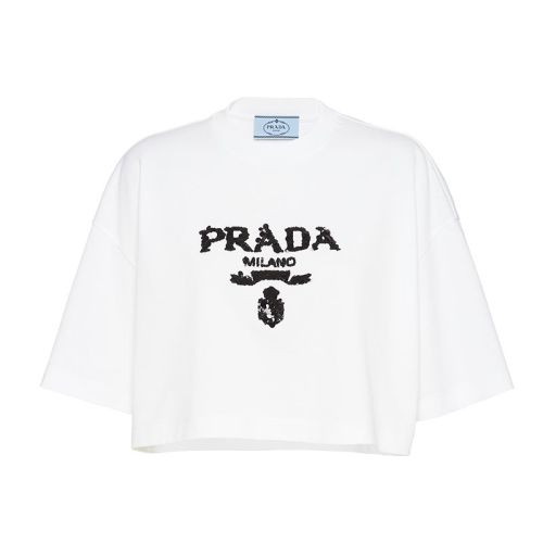 PRADA/普拉達(dá) 22年早春新款 女士白色刺繡棉質(zhì)短款T恤3560AR_103H_F0009_S_212