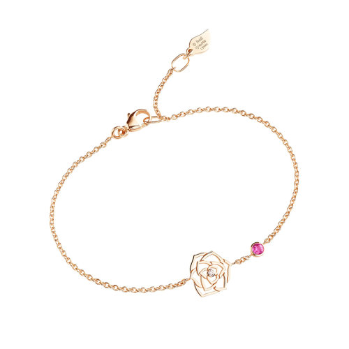 PIAGET/伯爵 ROSE玫瑰系列 18K金玫瑰金鑲鉆點(diǎn)綴粉紅色藍(lán)寶石 鏤空玫瑰優(yōu)雅手鏈 G36U4600