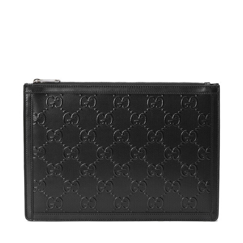 GUCCI/古馳 21新款GG embossé系列 男士黑色雙G壓紋皮革拉鏈?zhǔn)帜冒?464491W3AN1000