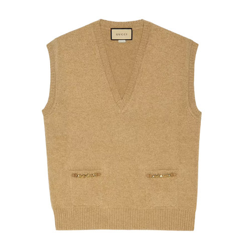 GUCCI/古馳      女士駝色飾鏈條細(xì)節(jié)純羊絨馬甲678443XKB1R2184