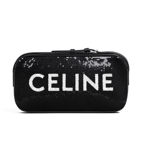 CELINE/賽琳 22新款 女士黑色亮片配皮飾白色徽標字母印花拉鏈開合單肩斜跨相機包199183EO1.38AW