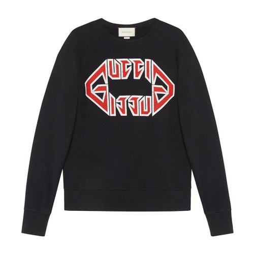 GUCCI/古馳   王俊凱同款  男裝 服裝 黑色棉質(zhì)字母logo印花時尚休閑長袖T恤 男士衛(wèi)衣