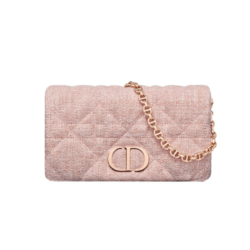 DIOR/迪奧 22新款 DIOR Caro系列 女士粉色亞麻接縫玫瑰金飾面翻蓋手提肩背斜挎手拿包S5135JWEX_M63E