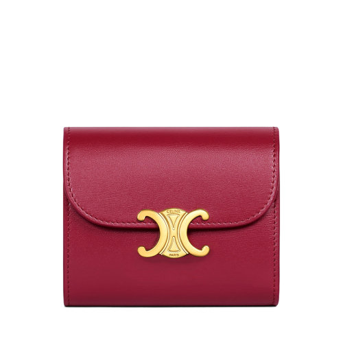 CELINE/賽琳 22新款TRIOMPHE系列 女士小號(hào)胭脂紅色亮澤牛皮革金色凱旋按扣折疊零錢袋短款錢包10D783DPV.27CA
