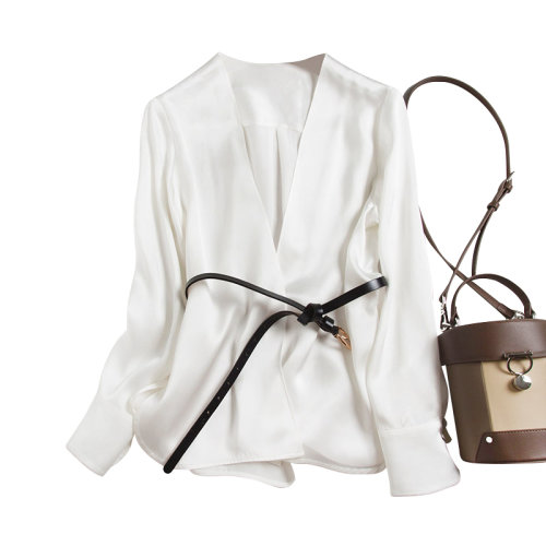 GeleiStory/GeleiStory 新款一見傾心重磅真絲白色桑蠶絲緞面真絲寬松外套襯衫 女士長袖襯衫