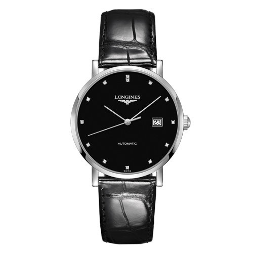 LONGINES/浪琴  博雅系列 自動(dòng)機(jī)械表鑲鉆黑盤精鋼表殼皮質(zhì)表帶男表39毫米L4.910.4.57.2