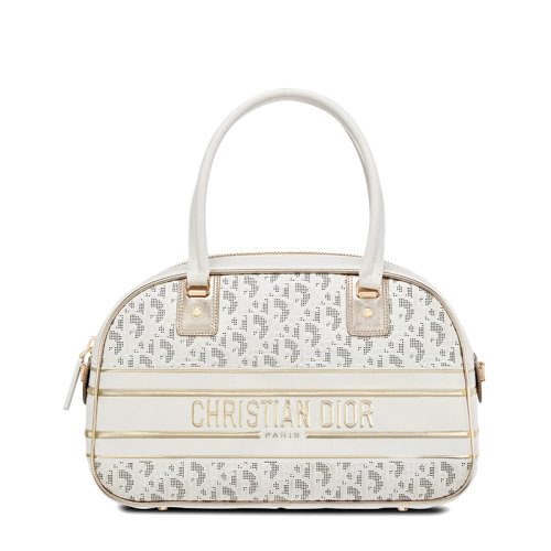 DIOR/迪奧 22春夏新款VIBE系列 女士中號白色金色老花鏤空牛皮革經(jīng)典保齡球包手提包M6204ODDT_M933
