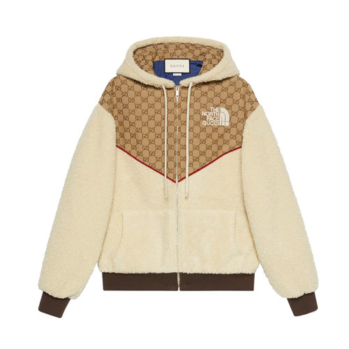GUCCI/古馳      The North Face聯(lián)名系列 女士米色烏木色GG帆布拼再生毛羊皮連帽夾克?644582XJC3T2102