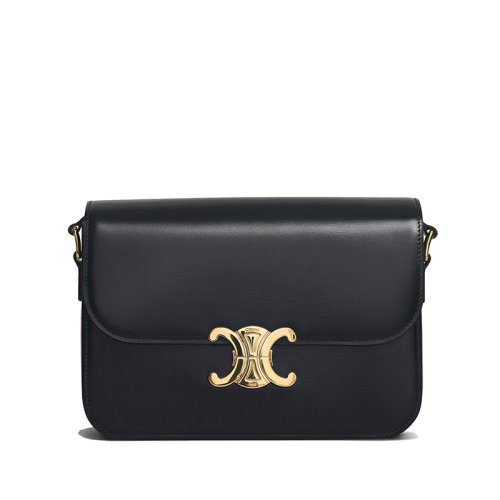 CELINE/賽琳 經典款TRIOMPHE系列 女士中號黑色亮澤牛皮革金扣單肩斜跨包187363BF4.38NO