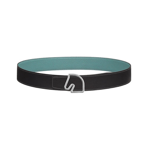 HERMES/愛馬仕 馬頭系列 石墨/天空藍色荔枝紋小牛皮 男士雙面銀扣皮帶38毫米H081656CK05/H077971CAAL090