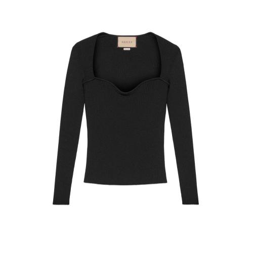  GUCCI古馳 22年秋冬 女士 彈力粘膠纖維緊身上衣 670629 XKB1Q 1000 預(yù)定商品2-6周發(fā)貨