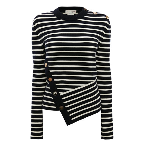 Alexander McQueen/亞歷山大麥昆      女士海軍藍和象牙白條紋羊毛不對稱針織衫688631Q1AZI4127