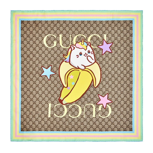 GUCCI/古馳 22年秋冬新款 女士米色/烏木色真絲彩虹和星星Bananya印花圍巾絲巾方巾7041323G0019869
