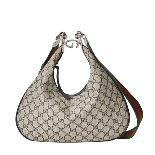 GUCCI/古馳 22新款 男女同款經(jīng)典米色藍(lán)色老花帆布新月造型G鉤扣大號單肩手提包70282396GRN4082