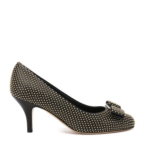 Salvatore Ferragamo/菲拉格慕 黑色 女士CARLA鉚釘裝飾高跟鞋 中跟鞋 7055-01P391-CARLA CH 鞋