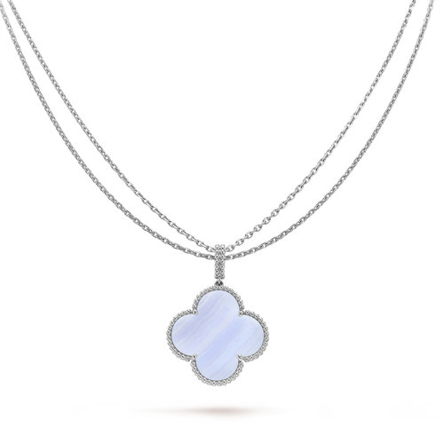 Van Cleef & Arpels/梵克雅寶 經(jīng)典Magic Alhambra系列 18K金白金鑲嵌紫玉髓長款四葉草項鏈