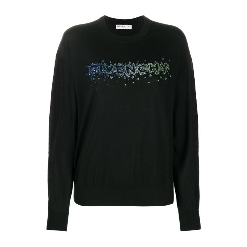 Givenchy/紀梵希 女士黑色羊毛混紡絲綢經(jīng)典字母徽標水晶綴飾圓領長袖上衣毛衣針織衫套頭衫 BW90B84Z7Y-001