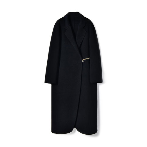 GeleiStory/GeleiStory秋寬直筒翻領(lǐng)簡(jiǎn)約腰帶鏈條長(zhǎng)款雙面呢羊毛大衣毛呢外套女士大衣