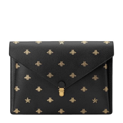 GUCCI/古馳 男士金色蜜蜂星星印花黑色牛皮公文包手拿包