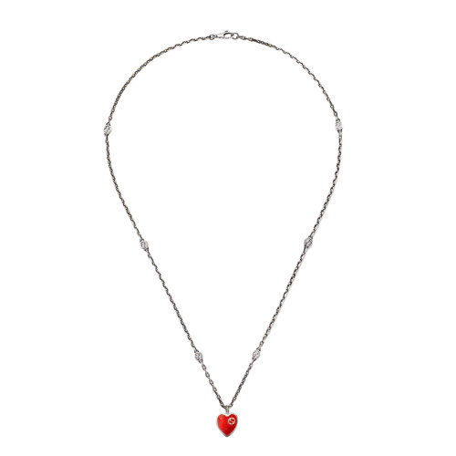GUCCI/古馳  925銀紅色琺瑯銀色雙G心型吊墜項鏈?645545J89B41192