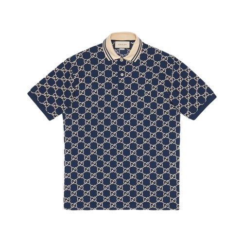 GUCCI/古馳 22年春夏新款 男士深藍色棉質(zhì)混紡彈力面料老花刺繡短袖polo衫?598956XJB0U4115