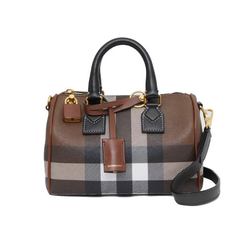 BURBERRY/博柏利 22新款 女士深棕色格皮革拉鏈開合皮革手柄拆卸調(diào)節(jié)肩帶斜挎單肩手提保齡球包80534961